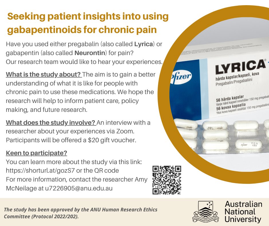 I'm recruiting for my study looking at patient experiences of using pregabalin (Lyrica) and gabapentin (Neurontin) for chronic pain. If that's you and you're willing to share your experience, please get in touch here shorturl.at/gozS7