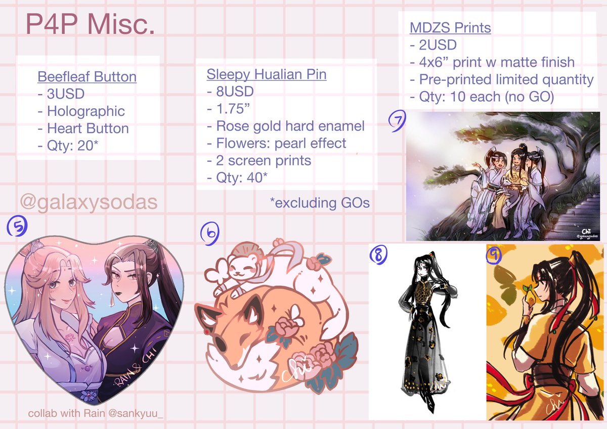 🌸 TGCF + MDZS P4P May Catalogue 🌸
Hi! Here is everything I'll have on my store preorder launch on:
Early access: May 13th, 6pm PST 
Public drop: May 14th, 12pm PST (noon) !

✨GO details in next tweet! ✨

#chisp4p #chisstoreupdates #mxtxp4p 