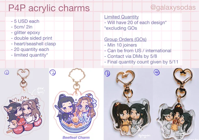 🌸 TGCF + MDZS P4P May Catalogue 🌸
Hi! Here is everything I'll have on my store preorder launch on:
Early access: May 13th, 6pm PST 
Public drop: May 14th, 12pm PST (noon) !

✨GO details in next tweet! ✨

#chisp4p #chisstoreupdates #mxtxp4p 