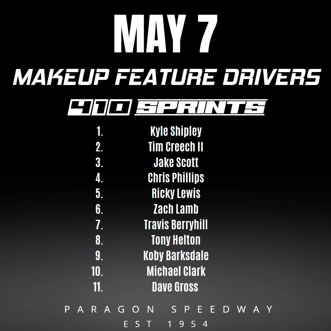 Driver's running makeup features this upcoming weekend, May 7th, are listed below.