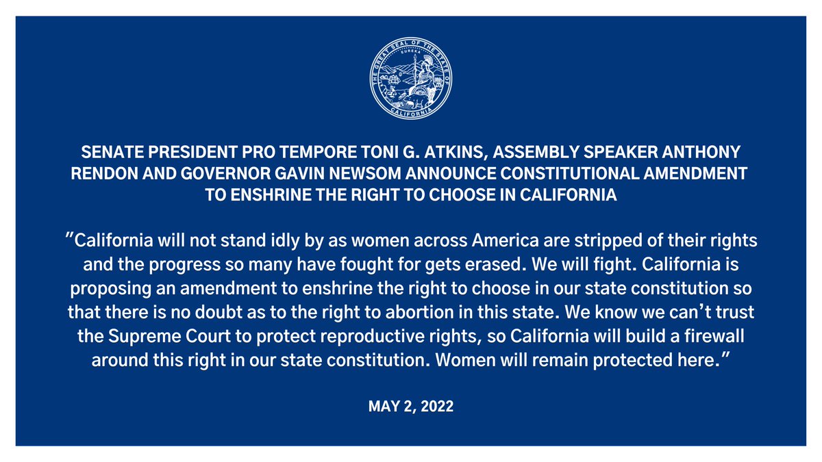 California will not stand by as women across America are stripped of their rights.

With @SenToniAtkins and @Rendon63rd, we are proposing an amendment to enshrine the right to choose in the California constitution. #RoeVsWade