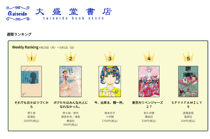 taiseido's tweet photo. 『それでも日々はつづくから』（新潮社）、コミカライズ『ボクたちはみんな大人になれなかった』（漫画・野原多央  講談社）週間ランキング（4/25~5/1雑誌ムック除）1位2位に入りました！それぞれ燃え殻さんサイン本も販売中。取置配送→https://t.co/uQlChTLHbr  ＊お一人様各一冊購入限定。電話不可 https://t.co/Hu18XM4CfL
