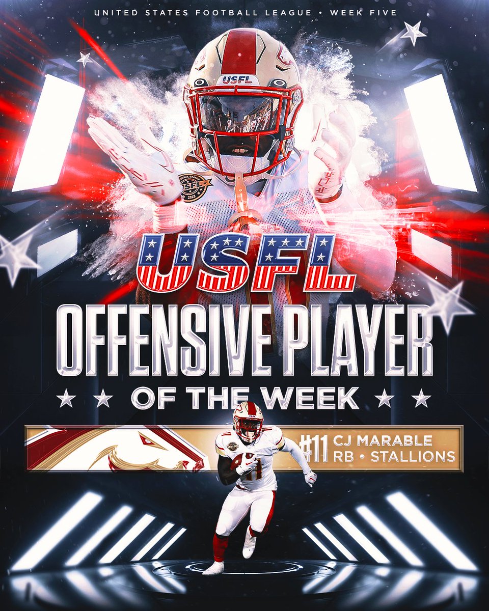 UFLonFOX's tweet photo. GIDDY UP 🐎

Your Week 5 Offensive Player of the Week is @USFLStallions RB @TorranceMarable 🙌 https://t.co/6pN6ClfiVg