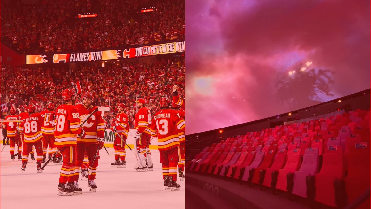 TELUS_Spark's tweet photo. LET'S ADD SOME SPARK TO THIS FIRE🔥 It’s the #BattleOfAlberta + the @NHLFlames are heating up! Book your seat for series 2 at the most unique viewing environment in #yyc! The #infinitydome, the "other dome” you want to be at for all playoff hockey viewing! https://t.co/blKtEch83Q https://t.co/Pe4mHZPkgF