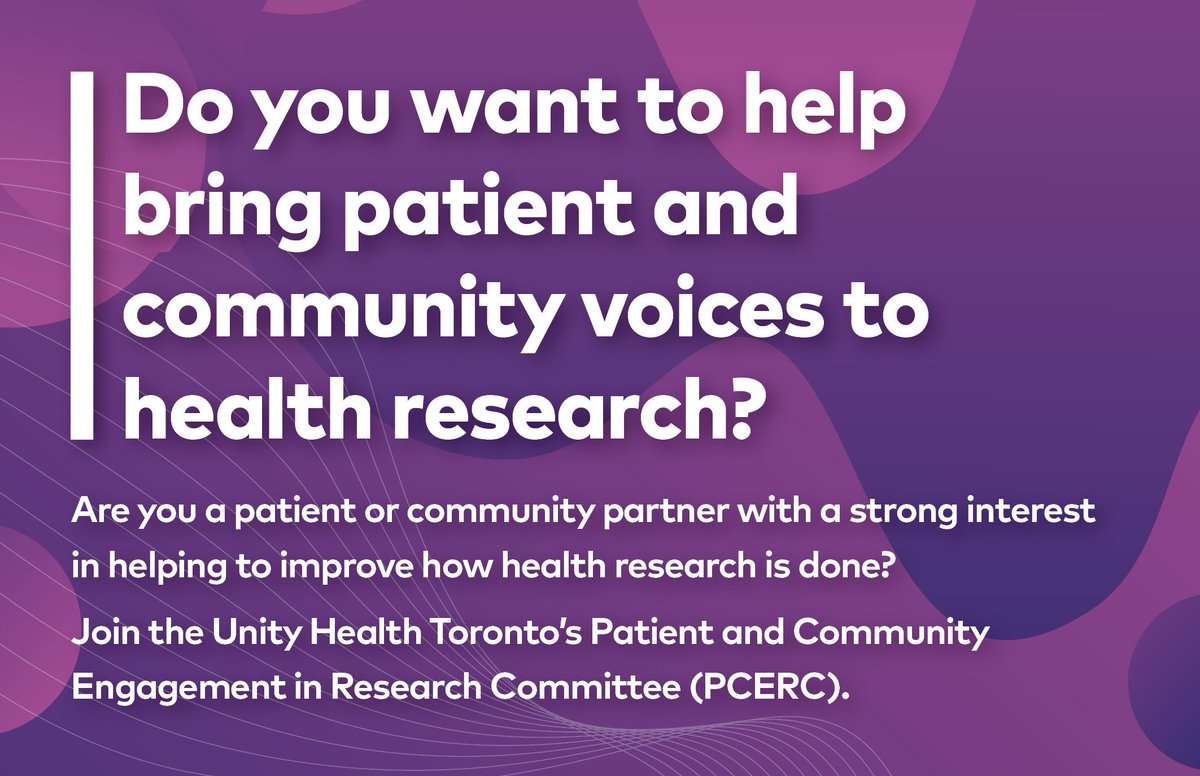 UnityHealthTO's tweet photo. Research at Unity Health is looking for patients, caregivers and community members to join our hospital’s Patient and Community Engagement in Research Committee (PCERC). Partners will be compensated for their work. Learn more + apply by May 20: https://t.co/wr4aEcHh0k https://t.co/JdUKovDhxW