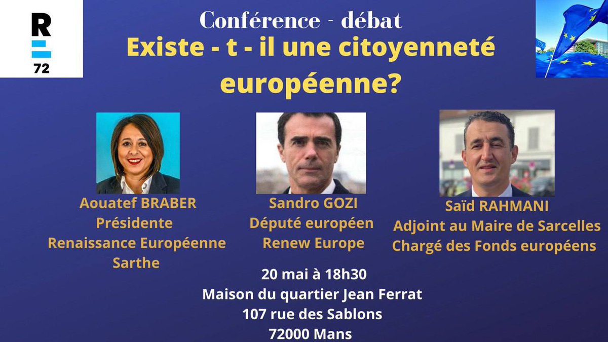Une Europe qui protège les Européens.

Face à un monde qui vacille nous devons plus que jamais réaffirmer notre attachement à l’Europe. 

Existe t- il une identité européenne? Conférence débat avec <a href="/sandrogozi/">Sandro Gozi</a> et <a href="/SadRAHMANI2/">Saïd RAHMANI</a> 
Venez nombreux ! <a href="/RenaissanceUE/">European Renaissance 🇪🇺☀️</a>