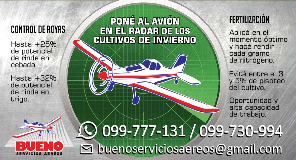 BuenoAereos's tweet photo. #Trigo22 #Cebada2022
Poné al avión en el radar de tus cultivos de invierno.🛩️
Consúltanos:
📲099 777 131
📲099 730 994
buenoserviciosaereos@gmail.com https://t.co/SfE4weFurb