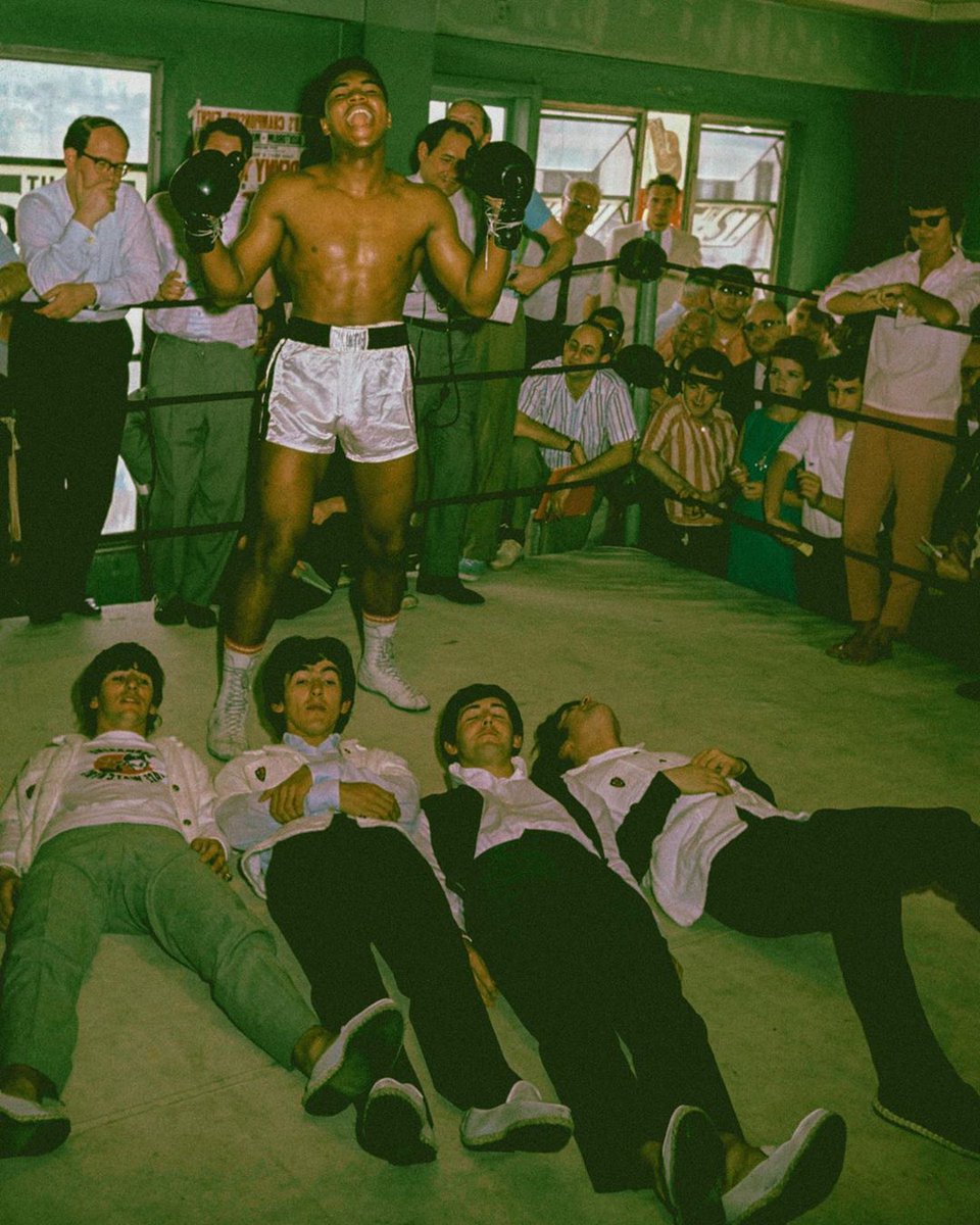 BoxingHistory's tweet photo. Muhammad Ali meets The Beatles at the 5th St. Gym in Miami, 1964—prior to Ali capturing the heavyweight championship, and during The Beatles' first U.S. tour.

(📸 Paul Slade) https://t.co/cqlRfhFMVy