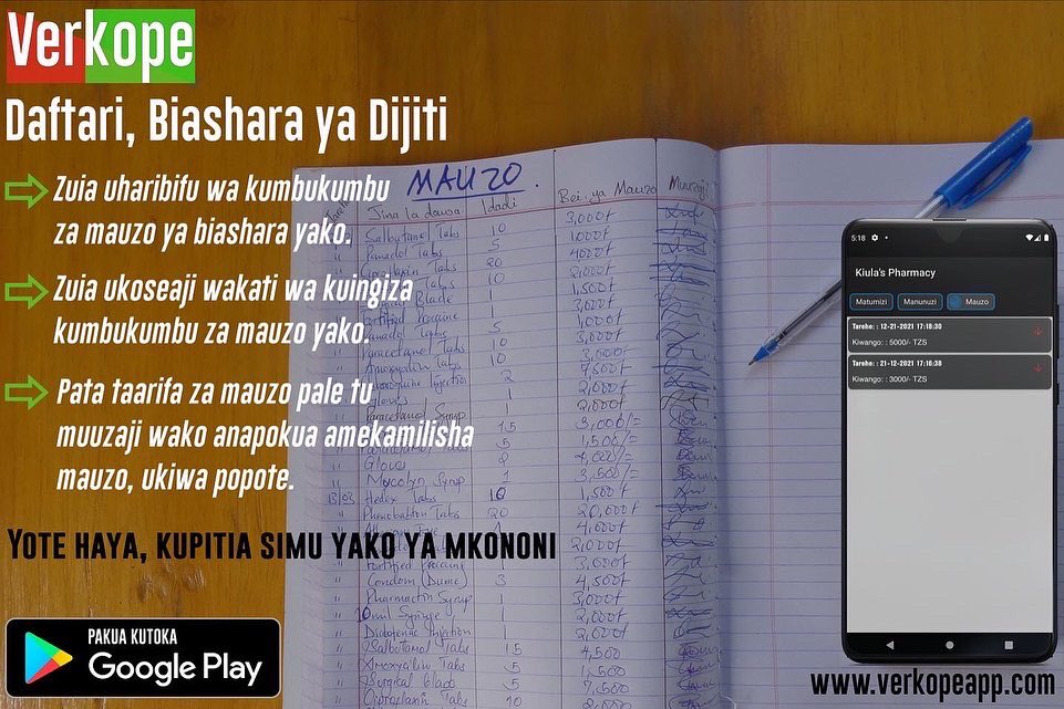 VerkopeApp's tweet photo. Kwanini utumie madaftari!? na kwa nini isiwe daftari dijiti!? Wajanja wote wanatumia daftari dijiti.  #biasharakidigitali #biasharakiganjanimwako #onclick #biasharamseleleko. .
Why use notebooks old fashion!? And why note use digital notebook!? Lets digitalize our business…! https://t.co/8mRhW2cKWO
