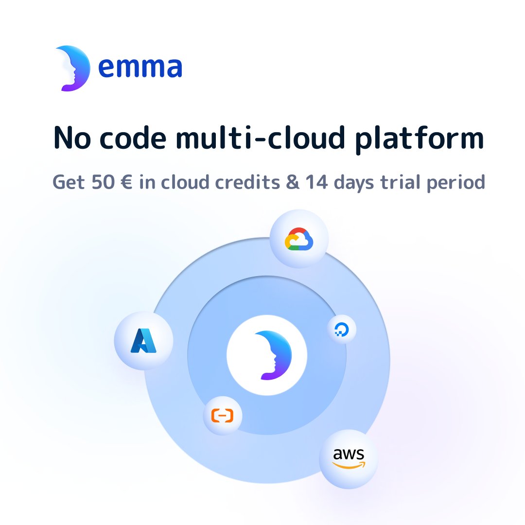 Build faster than your competitors with emma:
- deploy apps in minutes
- choose the best pricing option from the market
- get cloud credits to accelerate your growth
- reduce your cloud bill with emma. 
Sign Up today  emma.ms  and get €50 for the trial period.