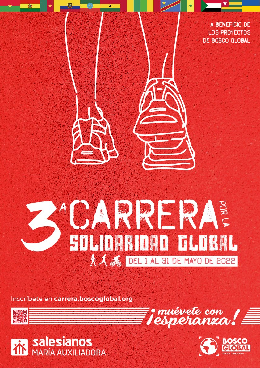 ¡Participa en la 3ª Carrera por la Solidaridad Global! 
Del 1 al 31 de mayo corre🏃🏻‍♀️camina🚶🏻o pedalea🚴 por un mundo más justo y fraterno.
🌍A beneficio de los proyectos de desarrollo y emergencia de Bosco Global.
✍️Inscríbete ahora en boscoglobal.org/carrera/  #MuéveteConEsperanza