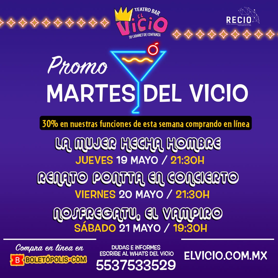 elvicioteatro's tweet photo. Hoy es #MartesDeVicio y puedes aprovechar el 30% de descuento comprando en línea para todas las funciones del fin de semana. Chí cheñol 🥂
Boletos aquí 👇
https://t.co/csfEL9bLQm
#QueVivaElVicio ✨ https://t.co/zlfVgSt5Ve