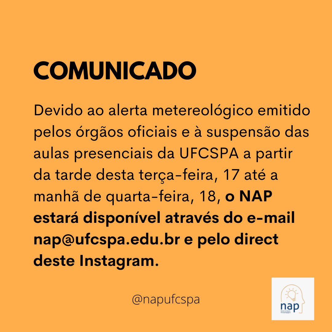 NAP_UFCSPA's tweet photo. #COMUNICADO 📢

A partir da tarde desta terça-feira, 17/05 até a manhã de quarta-feira,18/05, o NAP estará disponível somente através do e-mail nap@ufcspa.edu.br e pelo direct deste Ig. 

EQUIPE NAP https://t.co/FezDP4eqUV