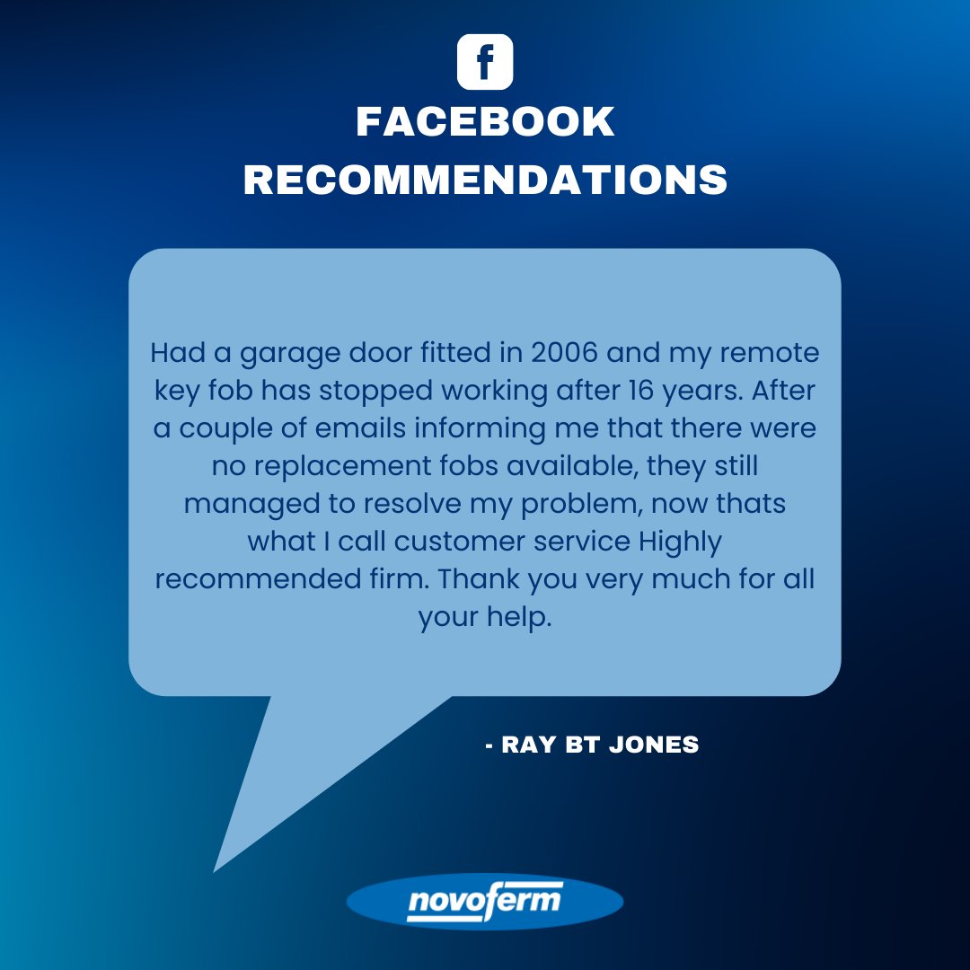 Thank you, Ray, for this fantastic recommendation! Always happy to help!

Please leave us a review/recommendation if you haven't already.

#Novoferm #Review #Testimonial #Recommendation #Facebook #Positive #CustomerFeedback #Feedback #GarageDoors #Garage #GarageDoorSupplier