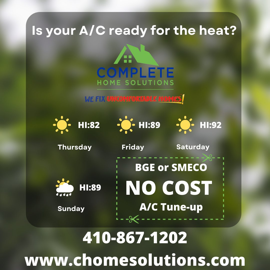 CHSolutions's tweet photo. Hot and humid weather is here! Make sure your A/C is prepared to tackle the heat with a system tune-up.

Give us a call today at 410-867-1202 to set up your A/C tune-up! https://t.co/hYF30Po0Vg