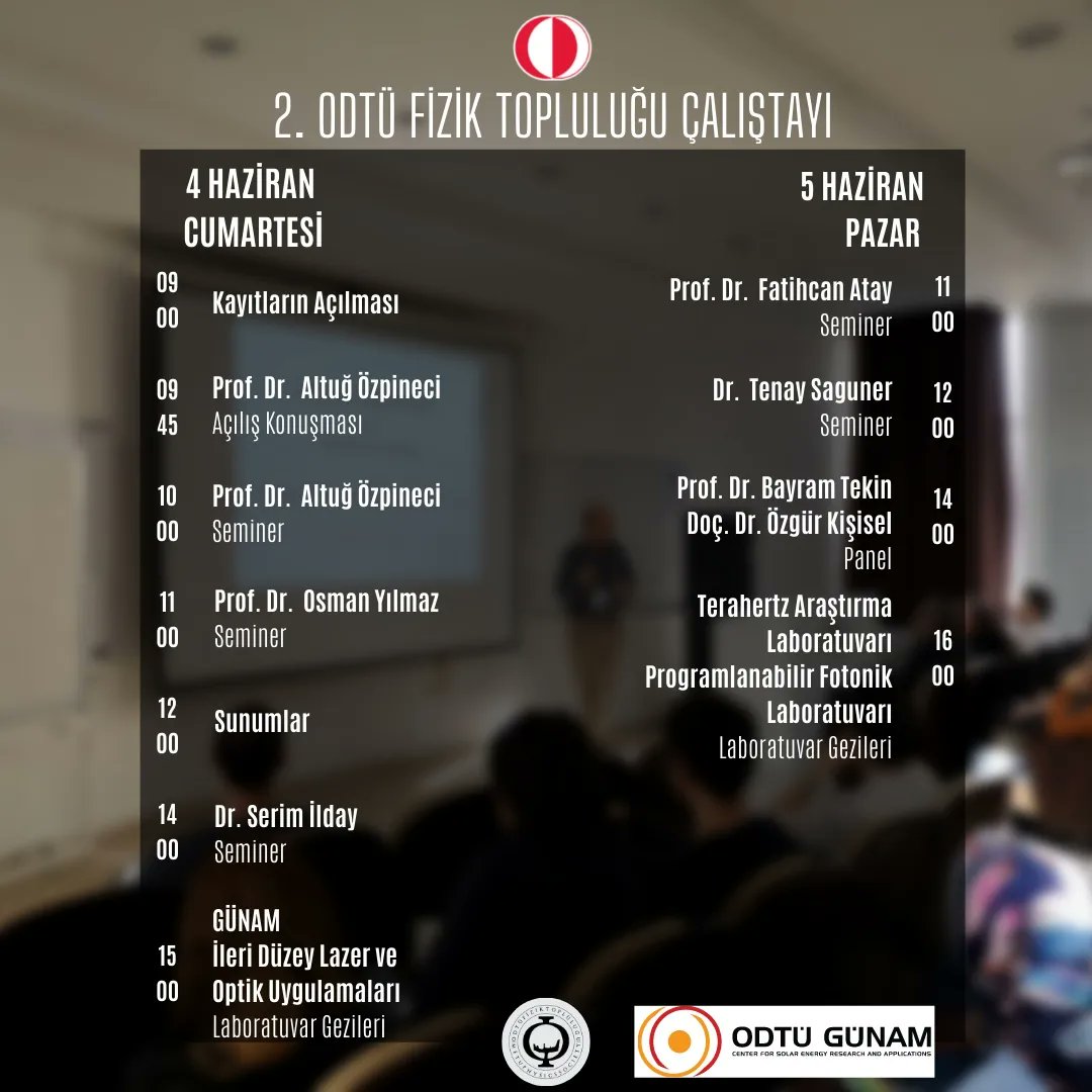 METUPhysics's tweet image. Seminerler, sunumlar, laboratuvar gezileri ve bir panelden oluşan, ikincisini düzenlediğimiz ODTÜ Fizik Topluluğu Çalıştayının programını sizinle paylaşmaktan mutluluk duyarız. Etkinliklerin içerikleriyle ilgili ayrıntıları önümüzdeki günlerde sizlerle paylaşmaya devam edeceğiz.