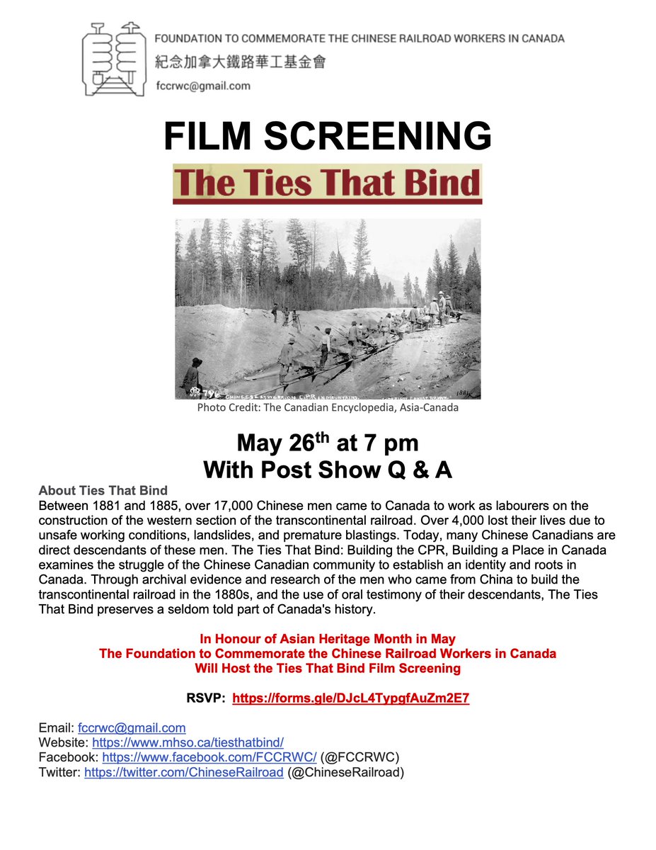 CHRRmanitoba's tweet photo. In honour of #AsianHeritageMonth the @ChineseRailroad is hosting a virtual screening of the film "The Ties that Bind". Don't miss it! 

May 26 @ 7:00 PM. RSVP here: https://t.co/sVdxsWIAoq

@um_student @UMArtsFaculty @UM_Today https://t.co/uLltOYXQYE