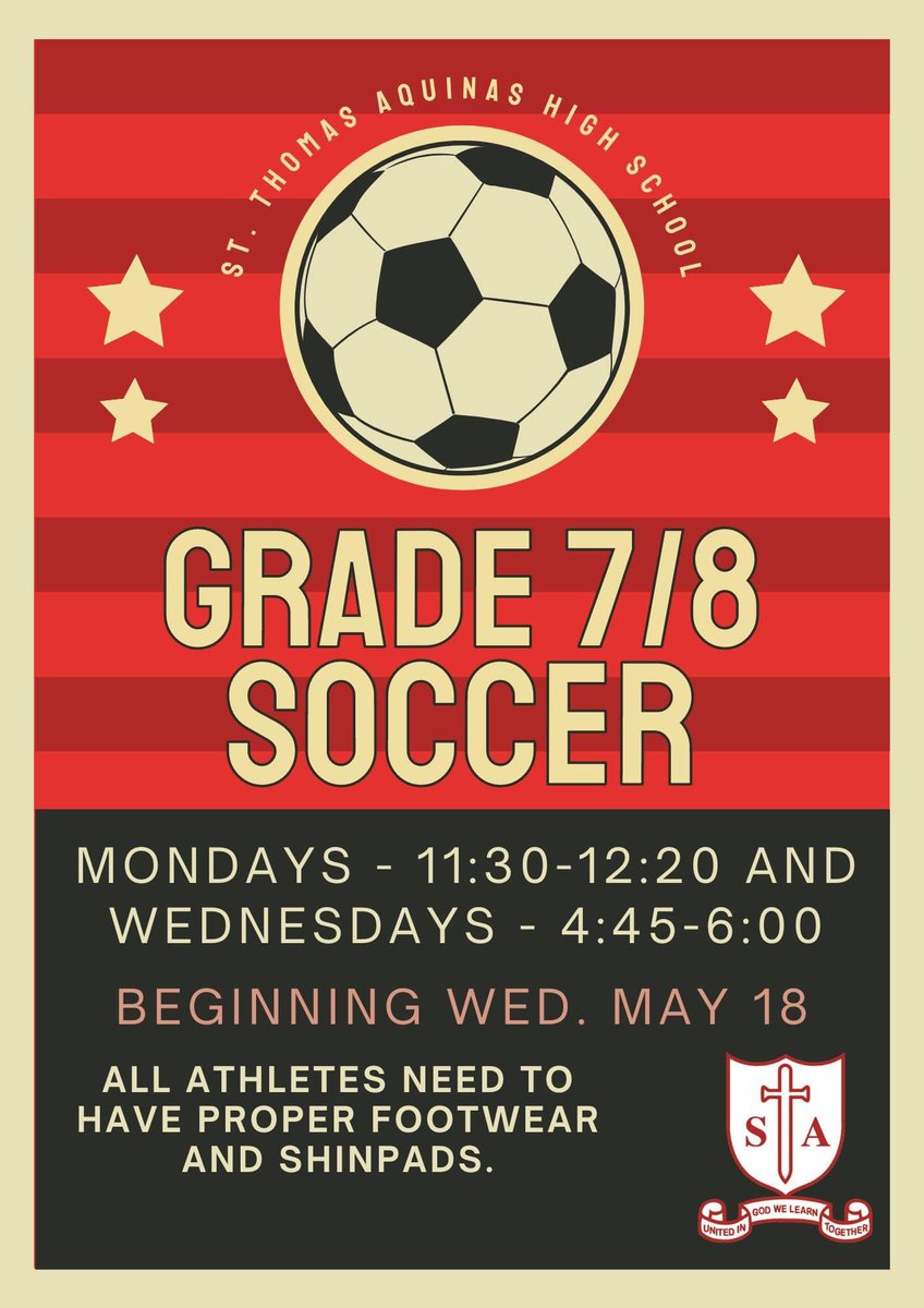 Grade 7/8 Soccer starts tomorrow! With the holiday Monday, it will run this week and next week just Wednesday and then beginning May 30th will be both Mondays and Wednesdays. See the poster below for times! #SaintsAthletics
<a href="/NewsQ104/">Q104 News</a> <a href="/895theLake/">89.5 the Lake</a> @KCDSB