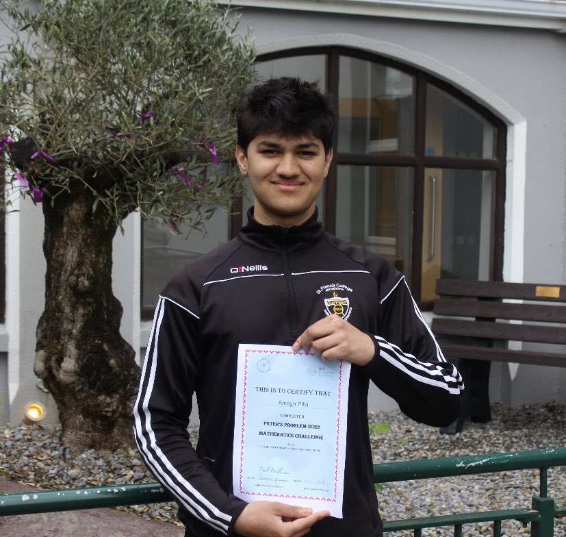 rococork's tweet photo. Amogh Pilla recently completed the TY Maths Challenge called Peter's Problem. It's a national contest organised by the Irish Maths Teachers Association. Well done to Amogh! A great achievement 👏 #mathsireland #petersproblem #tymaths https://t.co/Oknev710d7