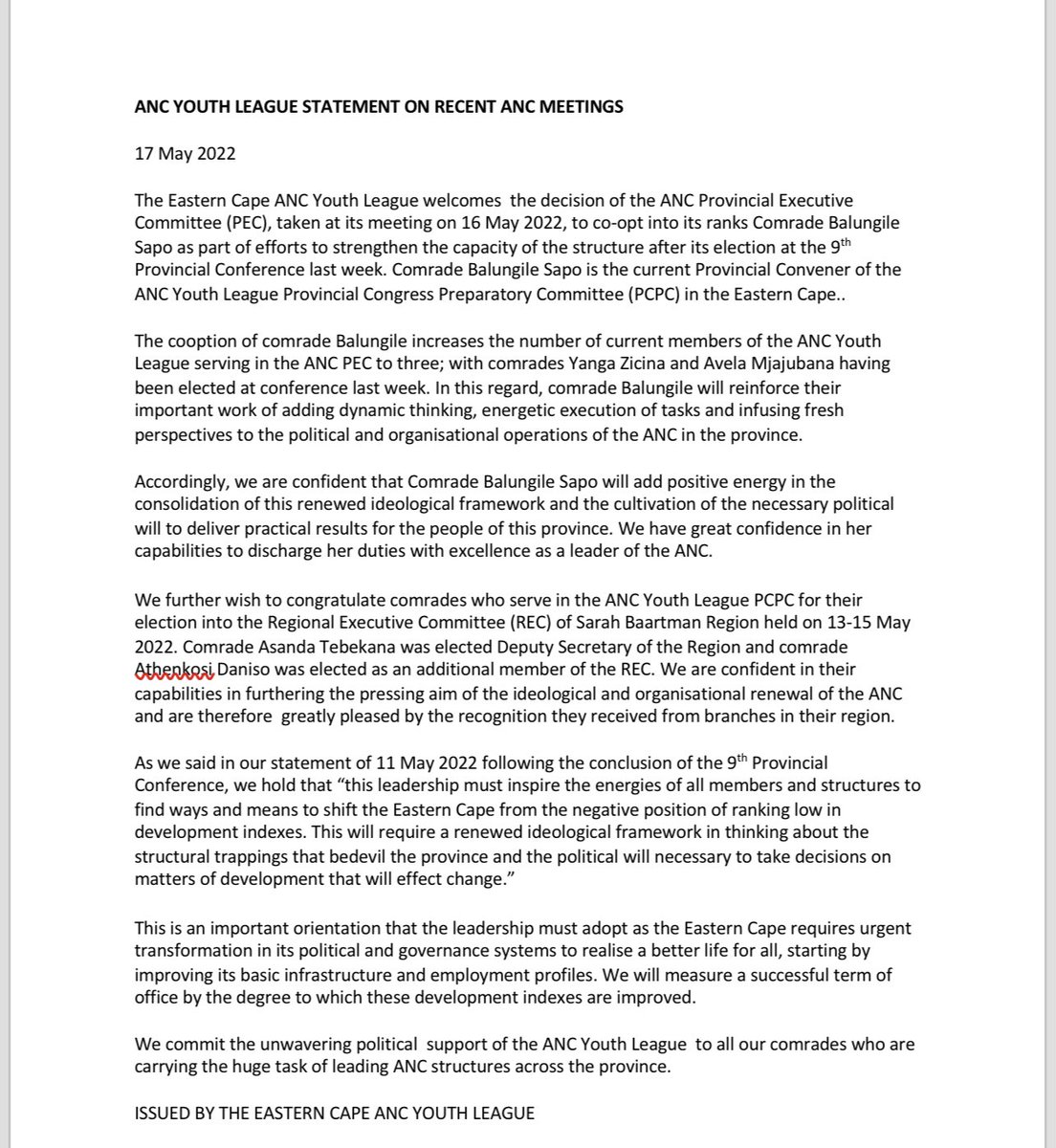 ancyl_ec's tweet photo. ANC YOUTH LEAGUE STATEMENT ON RECENT ANC MEETINGS https://t.co/9GxRTZfRDU