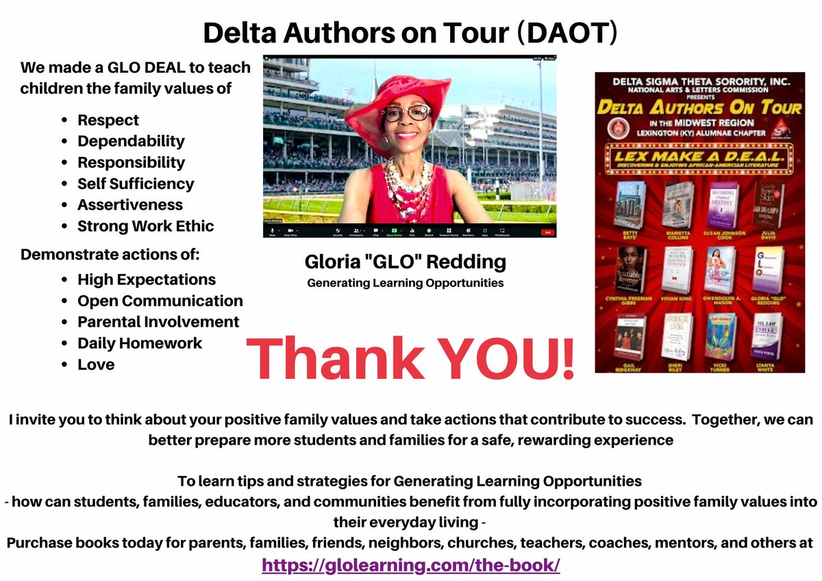 Delta Authors on Tour (D.A.O.T.) was a success well attended, and I am thankful for those who attended, purchased books, and offered encouragement. 
glolearning.com/the-book/
#success #generatinglearningopportunities #glolearning #deltasigmatheta #author #familyvaluesmatter