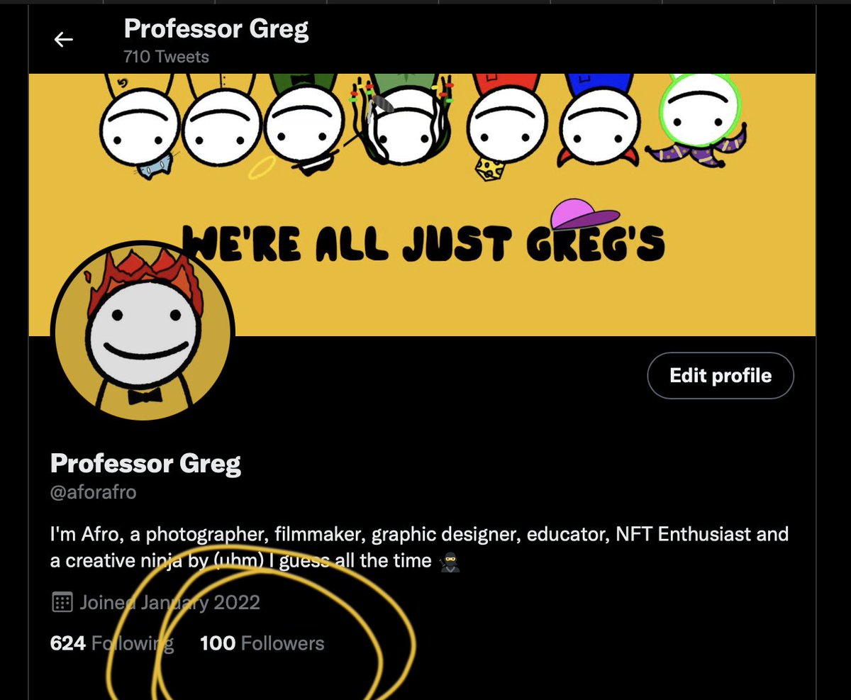 aforafro's tweet photo. This might be the MOST insignificant celebration tweet. 🤣I got into #NFTs few months back and boy have I learned so much. Never in my wildest dreams did I think I would fall in love with the #web3 space. Here's to celebrating my first 100 followers. Next up #1000 :) #profgreg https://t.co/rDXfLI20VI