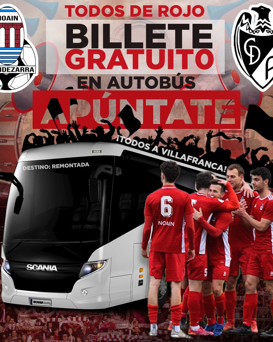 Este Sábado vamos todos de ROJO 🟥🟥 e iremos en AUTOBUSES 🚌🚌
Apúntate en la página web: fcbidezarra.com para que sepamos cuantos vamos a ser 💪💪💪
Billete GRATUITO y sin límite de plazas 👏👏🔥🔥 
LA REMONTADA LA CONSEGUIREMOS ENTRE TODOS ⚽️💙
¡VAMOS ROJOS!