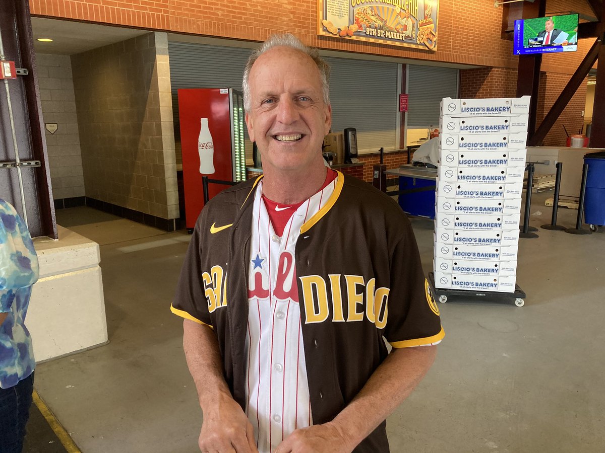 JClarkNBCS's tweet photo. AJ Nola, Aaron and Austin’s dad, wearing Phillies and Padres jerseys tonight at CBP

Austin should start for Padres tonight so Dad is wearing Padres on top. He wears Phillies first when Aaron is pitching 

“We are living the dream” https://t.co/MUdWrBpiOK