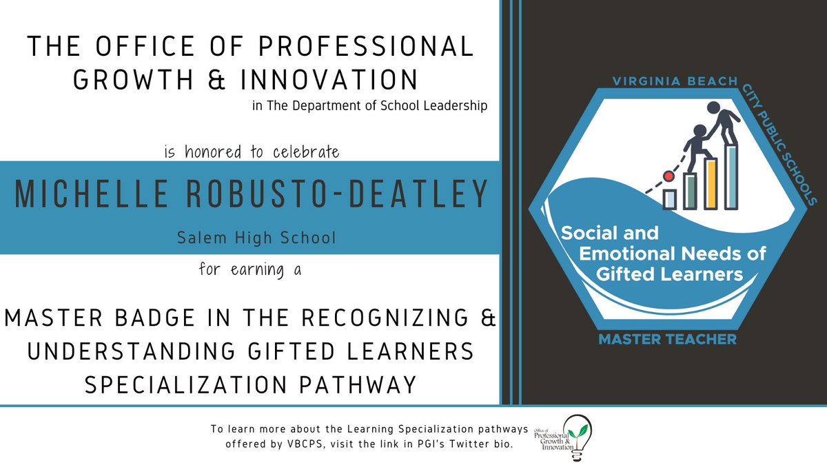PGIVBCPS's tweet photo. ✨Congrats ✨to @RobustoDeatley @SalemHSVB for earning the Social and Emotional Needs of Gifted Learners Master Badge in the Recognizing &amp; Understanding Gifted Learners #VBSpecialization.

Learn more 👇
https://t.co/JWEHcocULf https://t.co/ZN0W7mebTb