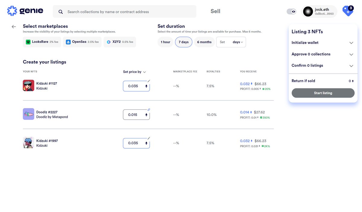 📢 New feature

You can now use Genie to list your NFTs on <a href="/the_x2y2/">X2Y2</a>  🎉

💸0.5% marketplace fee when listing to X2Y2
🛍️Batch list NFTs in a single transaction
⛽️Save up to 40% on gas fees
⚡️List your NFTs across multiple marketplaces 

Only on genie.xyz