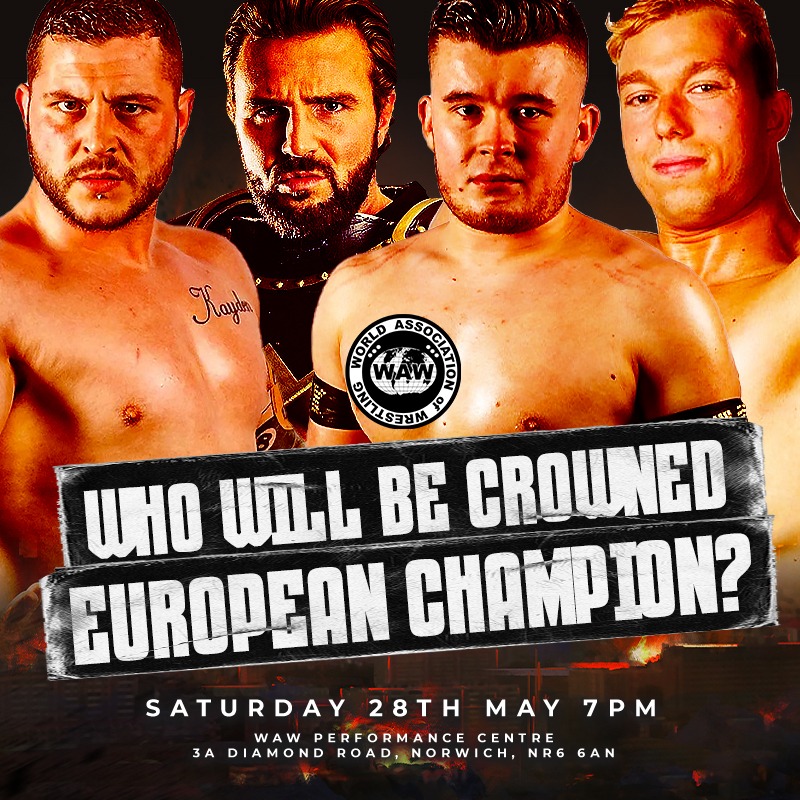 WAW_UK's tweet photo. With @RKJ450 vacating the European title to focus on his upcoming match with @TheMattCardona, one of these four men will be crowned as the new champion later this month.

Watch the show LIVE on Twitch next Saturday at https://t.co/JEnyTzwFlS! https://t.co/s2C1tiw9y6