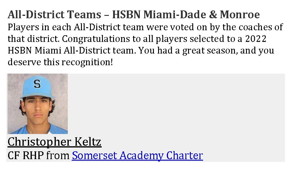 chriskeltz18's tweet photo. Today is a good day. I was selected to the Miami-Dade County ALL District Team. Looking forward to a great summer. Thanks coach Pete Cerda - @SFContenders @AcademyPalms @ScorpionsMiami @BaseballDown @Outfield_Nation #uncommitted @PrepSoutheast @hsbnflorida @MiamiDadeCounty https://t.co/uiNtfjjUKF