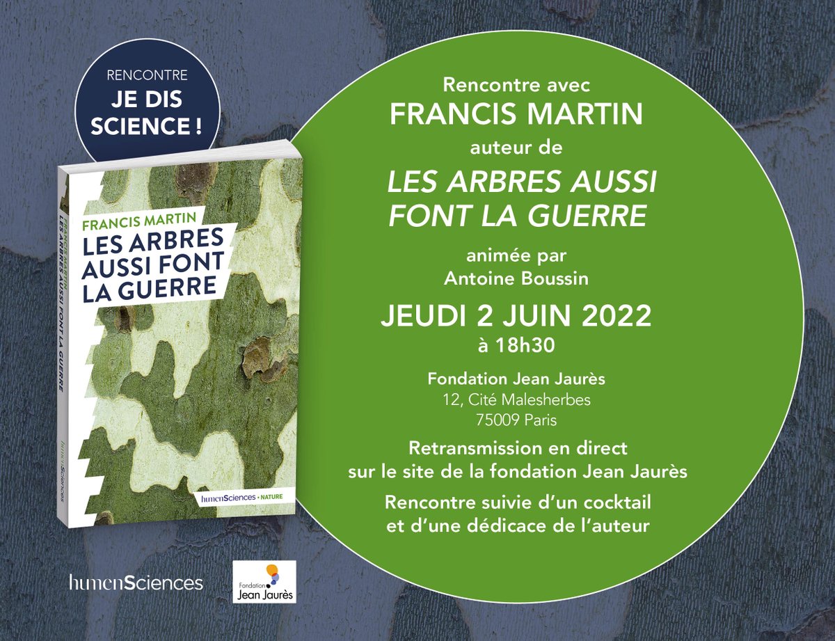 fmartin1954's tweet photo. Pour savoir comment les arbres luttent contre les microbes, les insectes, les stress climatiques et les humains ?
Venez me rejoindre à la Fondation Jean Jaurès à Paris le jeudi 2 juin à 18h30 dans le cadre des rencontres "Je Dis Science"
@humensciences https://t.co/1WAduCd8Xo