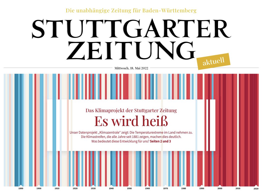 JanGeorgPlavec's tweet photo. Das ist die @StZ_NEWS von morgen. Wir starten unser Projekt Klimazentrale (https://t.co/QCydvlqy21). H/t @koenigsdorff_s fürs Reinfuchsen in die Daten von @DWD_presse / @stuttgart_stadt / LUBW sowie @Datawrapper und @anneguhlich für den Titel-Support! https://t.co/5kFF1J6VsH
