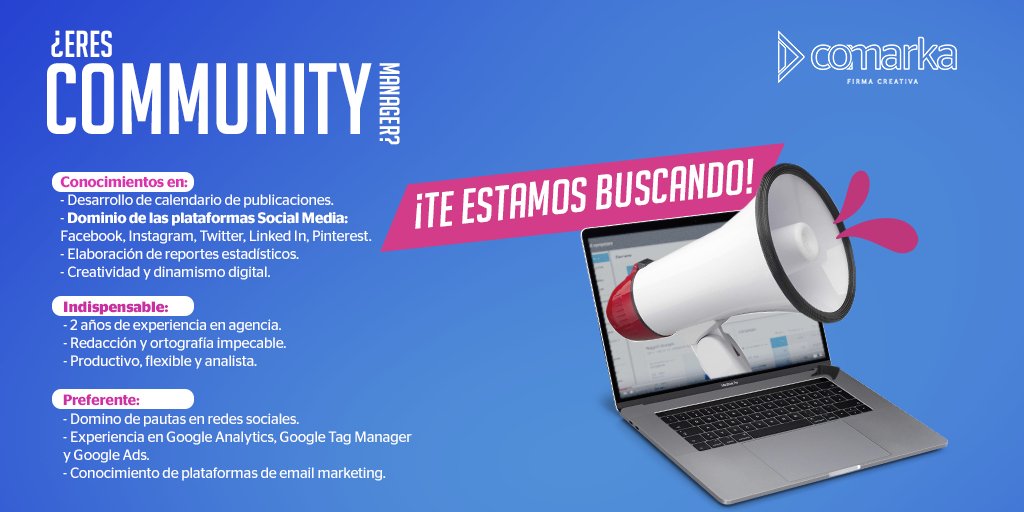 SomosComarka's tweet photo. Vacante ⎮ El #TeamRedes está en busca de community manager. 📲 ¡Buscamos tu experiencia y talento!
👉🏻 Envíanos tu CV a info@comarka.mx
#VacantesPuebla #communitymanager #MarketingDigital #Vacantes https://t.co/vb3EgZCmSE