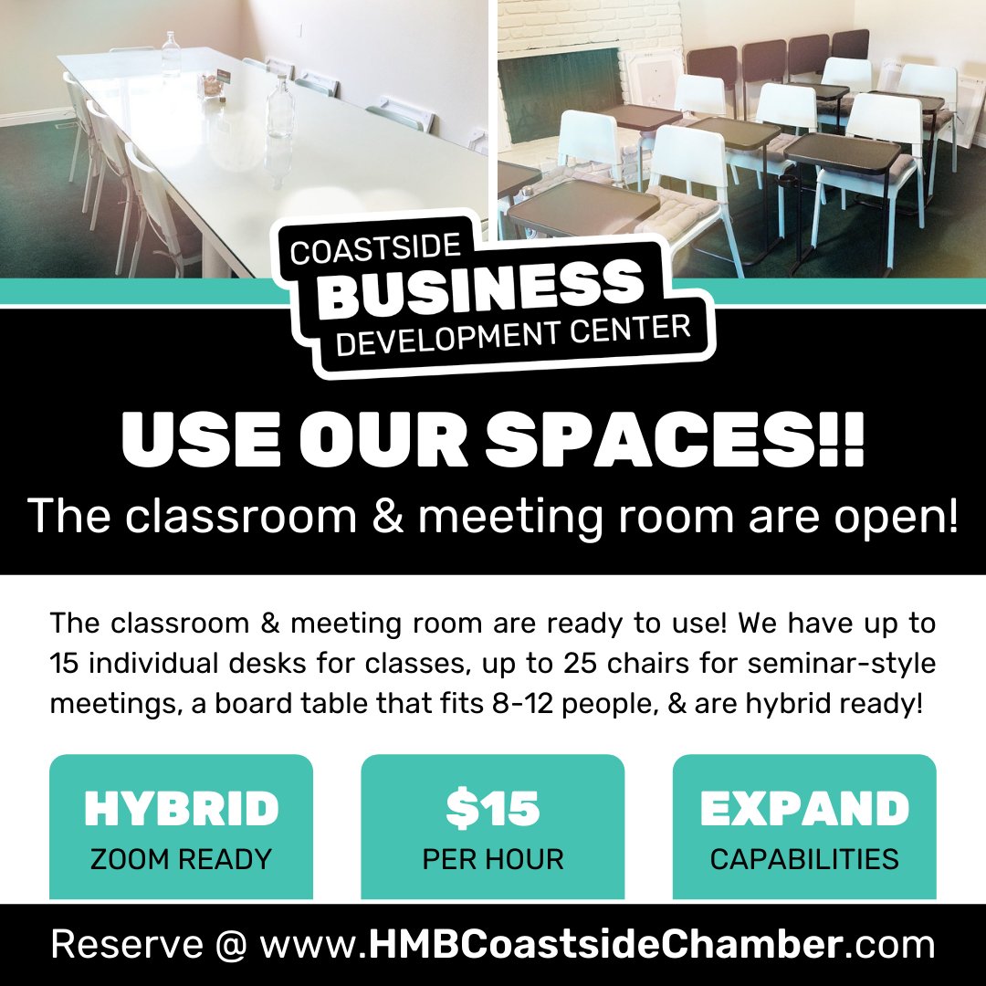 hmbcoastchamber's tweet image. Need a place to hold a board meeting or teach a class for your Coastside business? We&apos;ve got the space!! And it&apos;s Hybrid ready!! Visit our website to reserve either or both rooms! #CoastsideBusiness #HMBCoastside #BusinessDevelopmentCenter