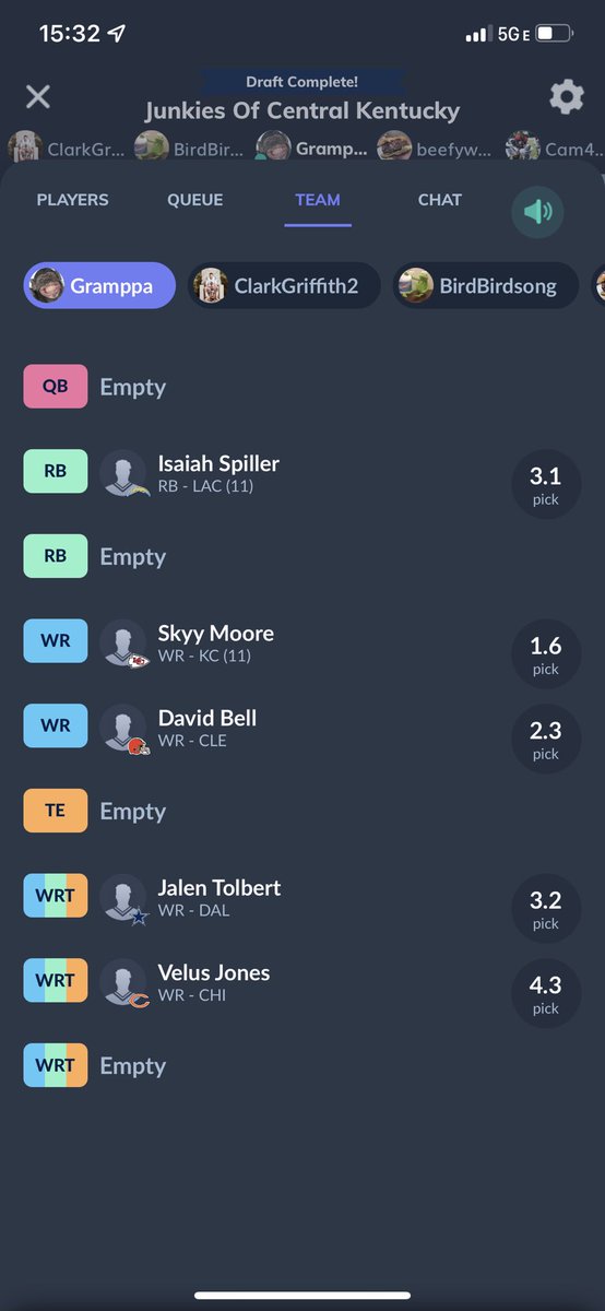 TheGramppa's tweet photo. @TheFFSandman Spiller fell and had to pull but WR loaded cause of team build https://t.co/l5IZeKKy0E