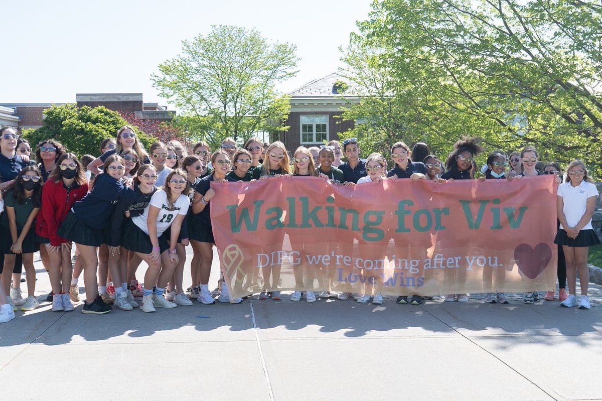 SH_Greenwich's tweet photo. Today our entire Sacred Heart community came together for a walk in remembrance of our SH sister, Vivienne Finn, class of 2027, to raise awareness and money towards a cure for DIPG. Vivienne’s Venging Vikings walked hand in hand in love and sisterhood!💚🕊 https://t.co/3g0AOagzdK