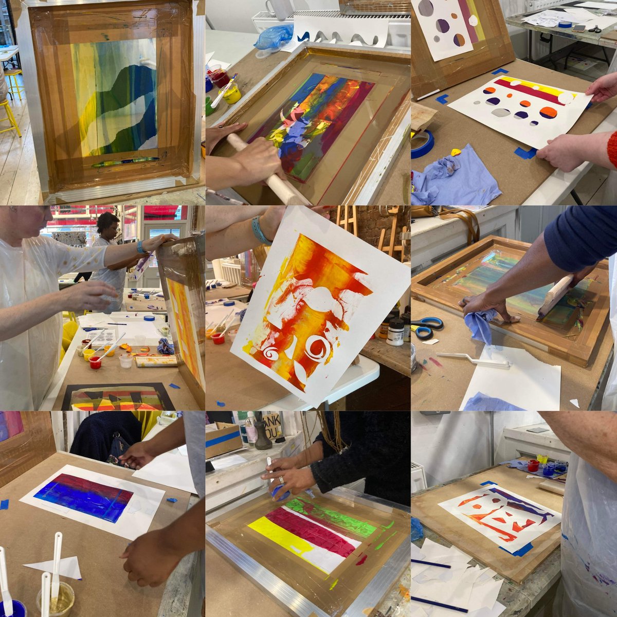 OTcreativespace's tweet photo. What a fantastic first week of the #OTcreates Silk Screen Printing workshops with @mancumango 

Such brilliant prints already....Can't wait to see what they all create by week 4!!! 

❤️❤️❤️❤️❤️❤️

#OTcreates #artworkshop #oldtrafford #screenprinting #experiment #colour #stencil https://t.co/Ky2du3VqIw