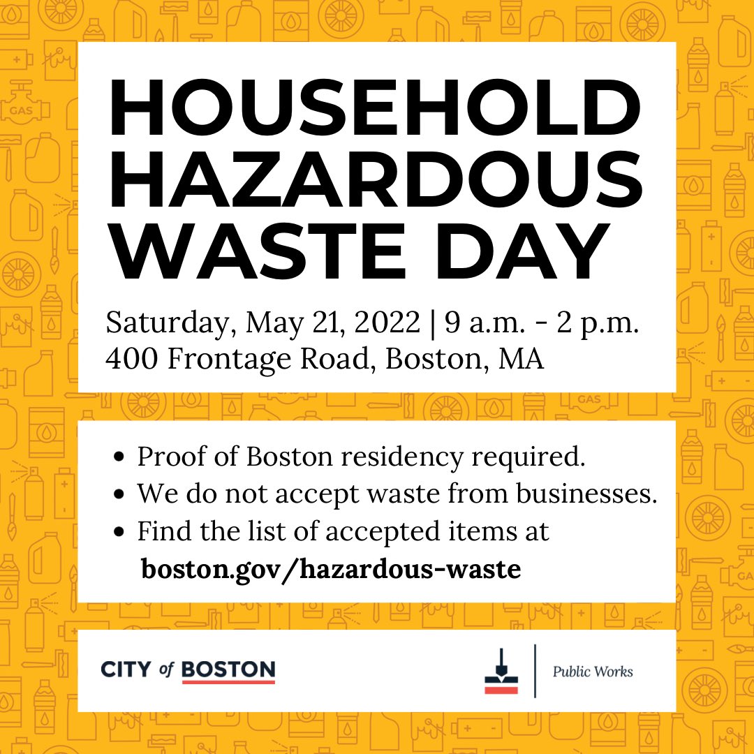 Hey Boston! PWD is hosting the first Hazardous Waste Day of the summer on Saturday, May 21, from 9 a.m. to 2 p.m. at 400 Frontage Road, Boston. Find the full list of accepted items at boston.gov/hazardous-waste