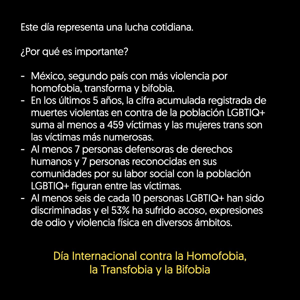 Transforma_MyM's tweet photo. Recordemos q nuestras acciones cuentan, nuestras palabras suman y el normalizar la #violencia en contra de la población LGBTIQ+ contribuye a los crímenes de odio de la región. Las bromas homofóbicas, transfóbicas y bifóbicas son parte de la violencia. 

#IDAHOBIT https://t.co/LgSFNisknG