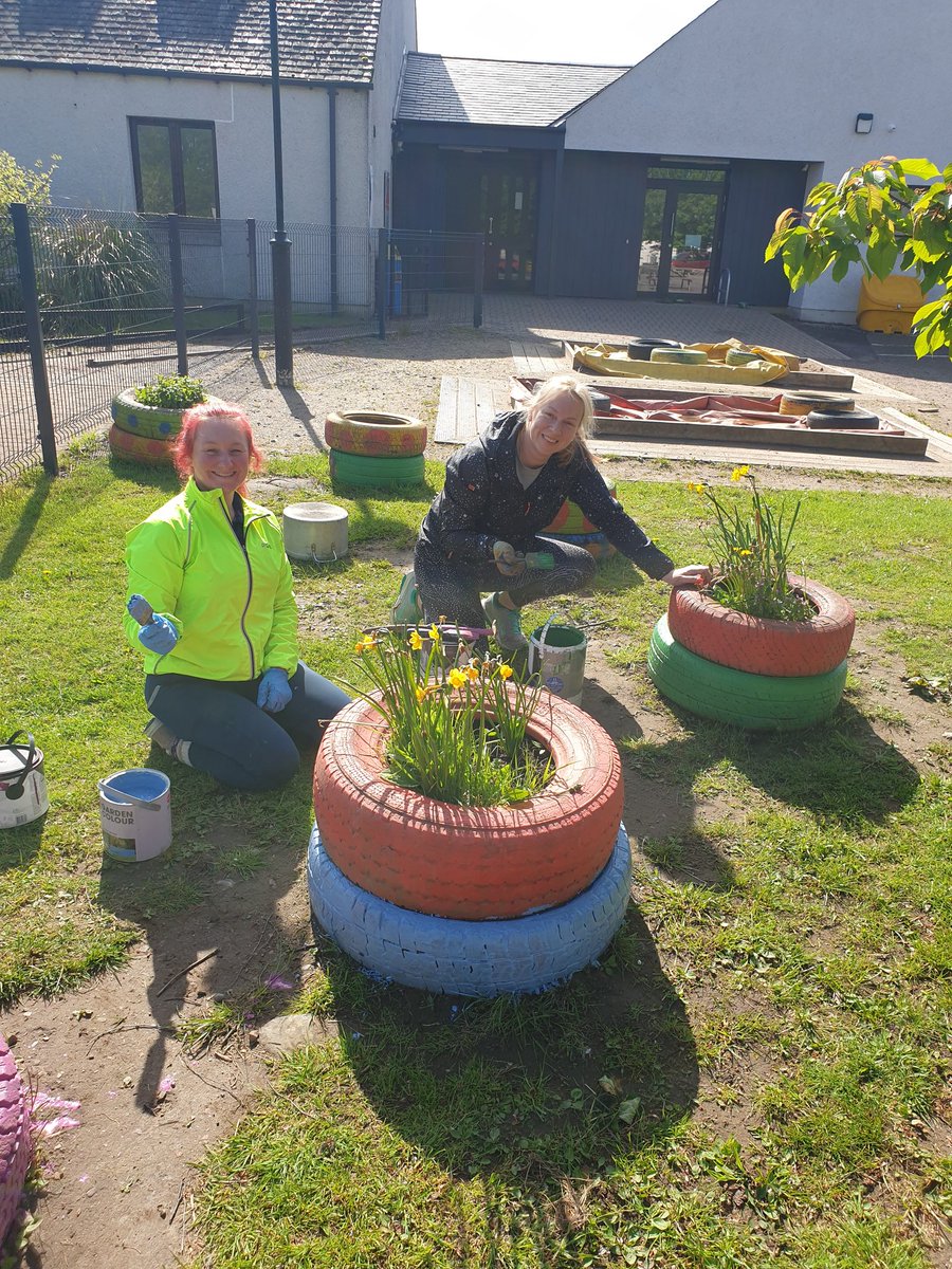 KirkhillKps's tweet photo. A huge thank you to Suzi and Tania for giving our very tired looking tyre planters a makeover. Don't they look amazing? 🤩 @EcoSchoolsScot #ecoschool #playgrounddevelopment https://t.co/syVPtVZEfU