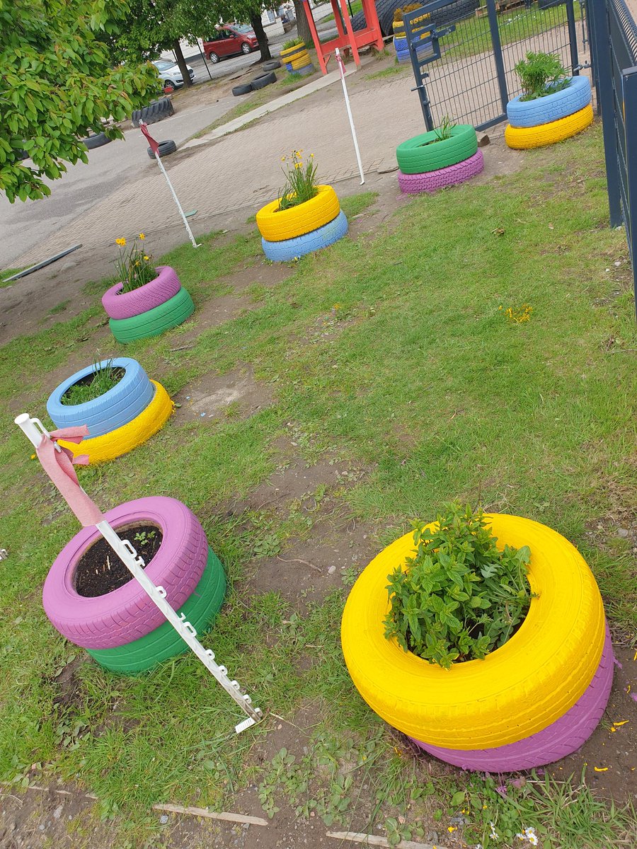 KirkhillKps's tweet photo. A huge thank you to Suzi and Tania for giving our very tired looking tyre planters a makeover. Don't they look amazing? 🤩 @EcoSchoolsScot #ecoschool #playgrounddevelopment https://t.co/syVPtVZEfU
