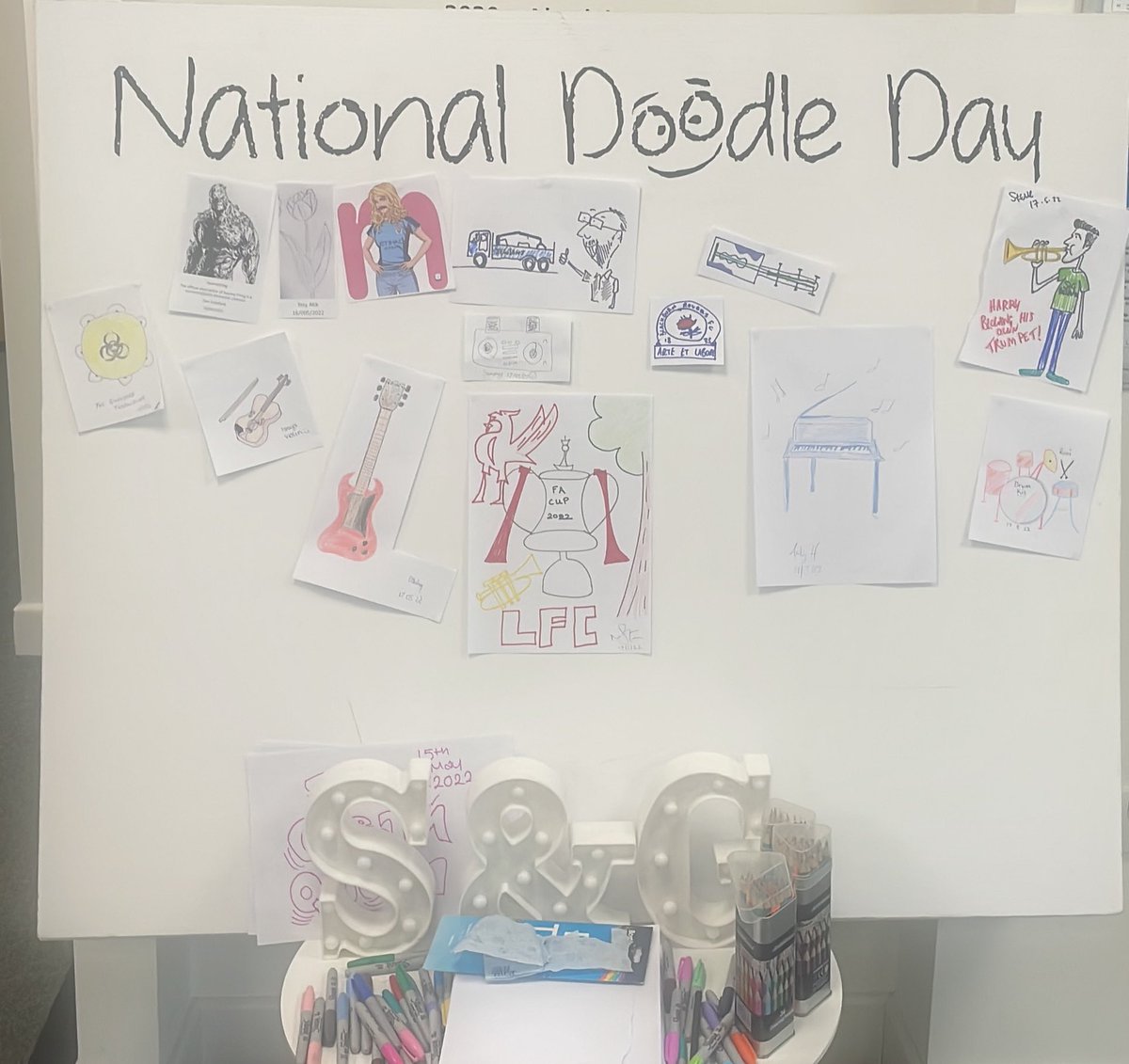 KellyHeath0502's tweet photo. It’s been a busy day of doodling here at @SandGResponse with lots of people doodling there musical instruments including our new starters who joined the business yesterday. Our Doodle Board is starting to fill up nicely now @LAWWeekWire #lawwdoodlechallenge https://t.co/EwetNqZ5jF