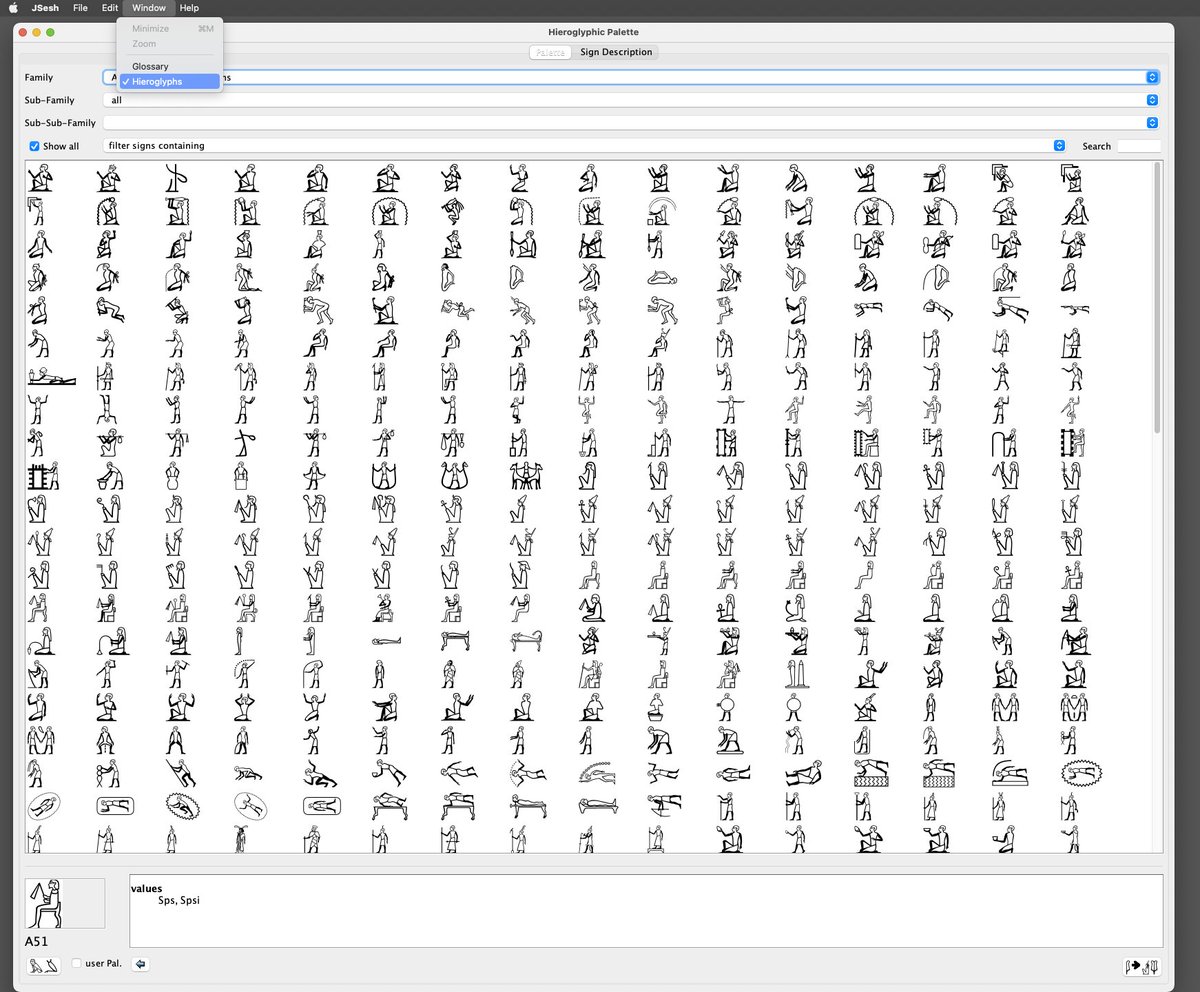 Egy_Linguistics's tweet photo. @iunu_akoris JSeshでWindow→Hieroglyphsで文字パレットが出てきます。パレットの上にあるFamilyでAを選択。一覧が出てきます。Aはたくさんありますね〜。 https://t.co/IeiLqgtQBP