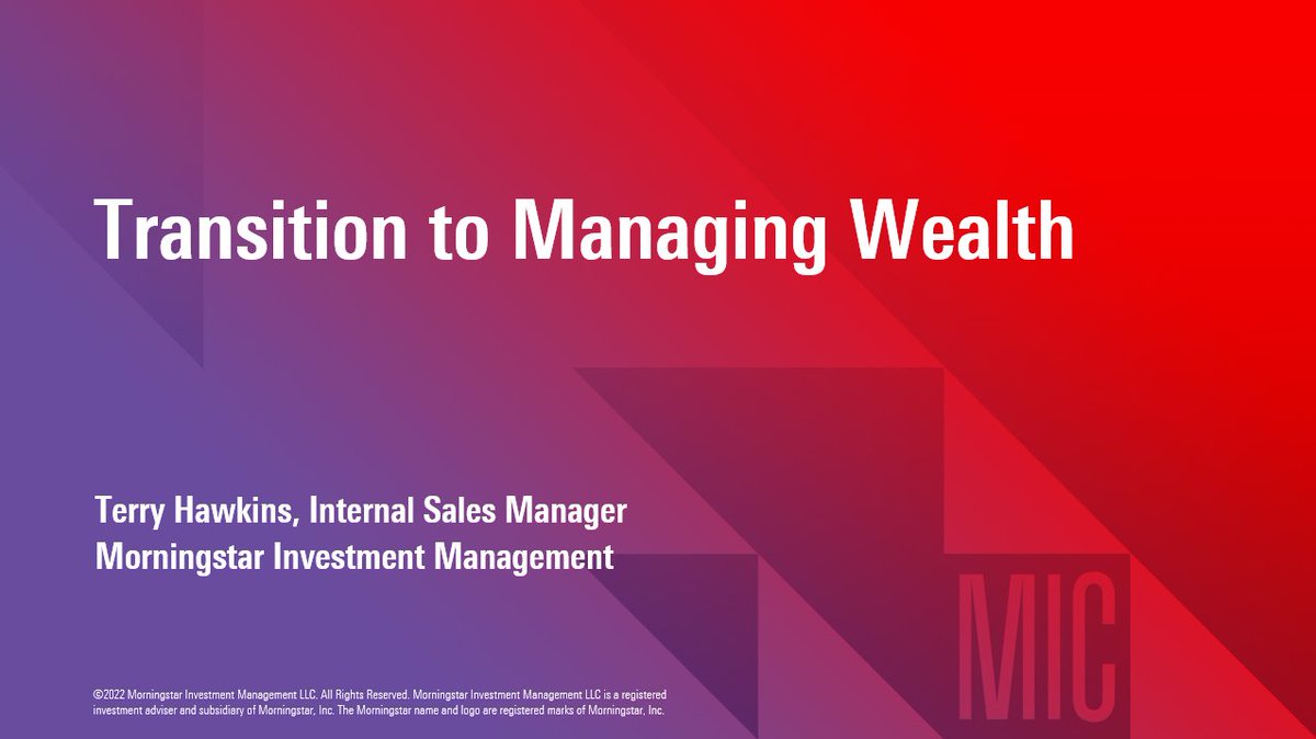 Terry Hawkins, Internal Sales Manager, is about to discuss how #FinancialAdvisors can 'Transition from Managing Assets to Managing Wealth' in the #MICUS Morningstar Theater.

#Fintech #Finserv #ManagedPortfolios #WealthManagement