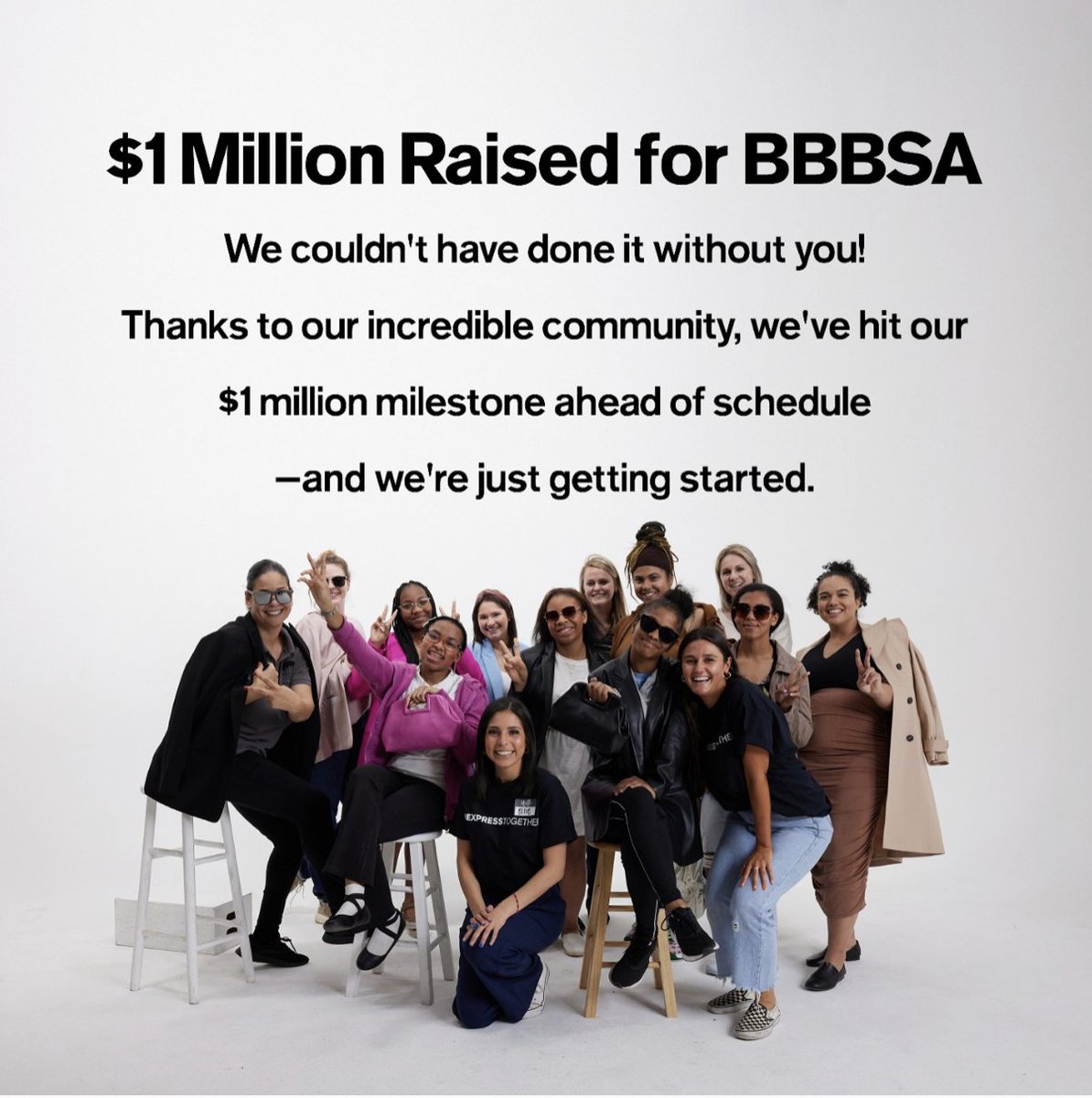 express's tweet photo. We did it! Thank you to our Express community for helping us raise $1,000,000 for Big Brothers Big Sisters of America. ✨ The dollars we raise increases BBBSA’s capacity to deliver 1:1 mentoring opportunities and funds innovations to create impact. #ExpressTogether #BBBSA https://t.co/Z9mj4efGws