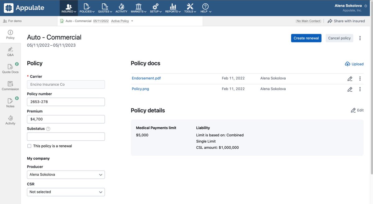Appulate's tweet photo. Having the ability to see all policy details for the insured on a single screen is now available with the recent release of #Appulate 11.

Experience #Appulate 11 for yourself with a LIVE demo! #technology #insurance #insurtech 

https://t.co/rDKmcCAlnx https://t.co/CP6vizacz4
