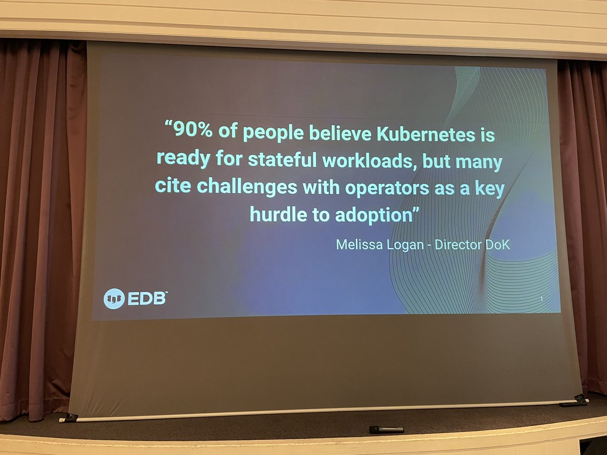 RT <a href="/_GBartolini_/">Gabriele Bartolini</a>: My talk about Running #Postgres the #Kubernetes way with #CloudNativePG is about to start, with this quote from <a href="/Melissa_B2B/">Melissa Logan (she/her)</a> <a href="/DoKcommunity/">Data on Kubernetes Community</a> #k8s #PostgreSQL #DevOps #KubeCon <a href="/EDBPostgres/">EDB</a>