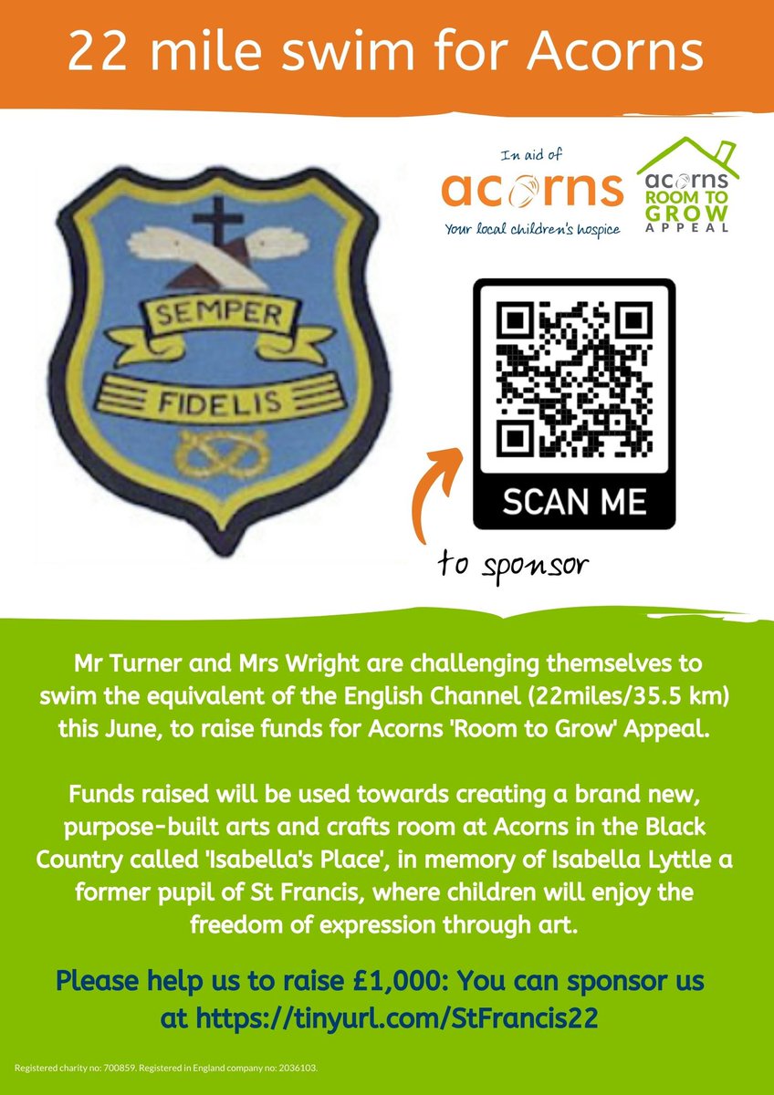 LittleStFrancis's tweet photo. Mr T and Mrs W are challenging themselves to swim the equivalent of the English Channel to raise funds for Isabella’s Place @AcornsHospice. Your can sponsor them via the QR code below or https://t.co/0lQPN2MOMG We will keep you updated on their progress 😎 https://t.co/O8o56lmNDB
